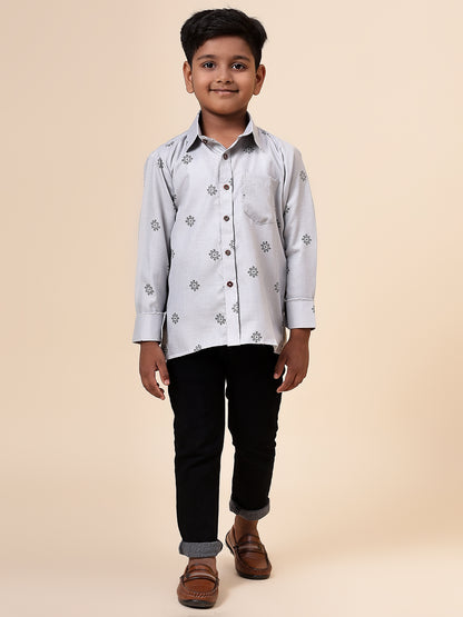 Karnam Junior - Boys Grey Printed Cotton Shirt