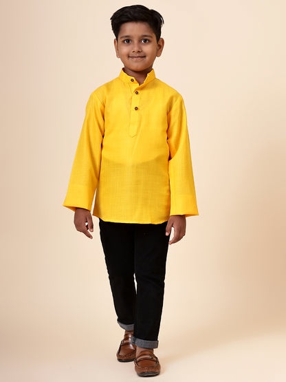 Karnam Junior - Boys Bright Yellow Cotton Short Kurta