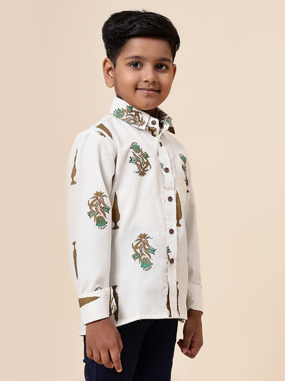 Karnam Junior - Boys Cream Foliage Printed Cotton Shirt