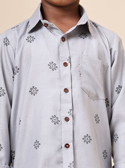 Karnam Junior - Boys Grey Printed Cotton Shirt