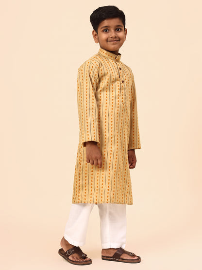 Karnam Junior - Boys Yellow Printed Cotton Long Kurta Top