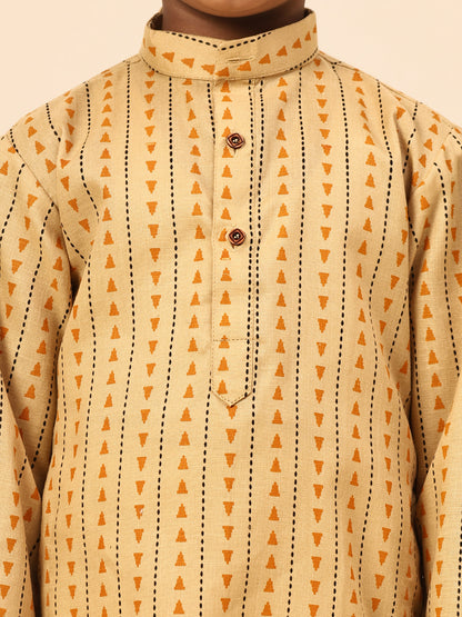 Karnam Junior - Boys Yellow Printed Cotton Long Kurta Top