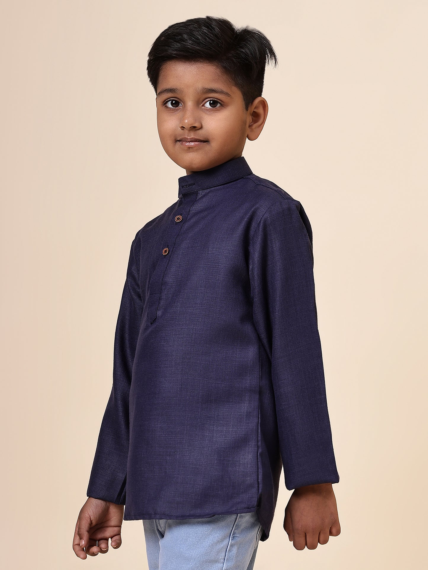 Karnam Junior - Boys Navy Blue Cotton Short Kurta